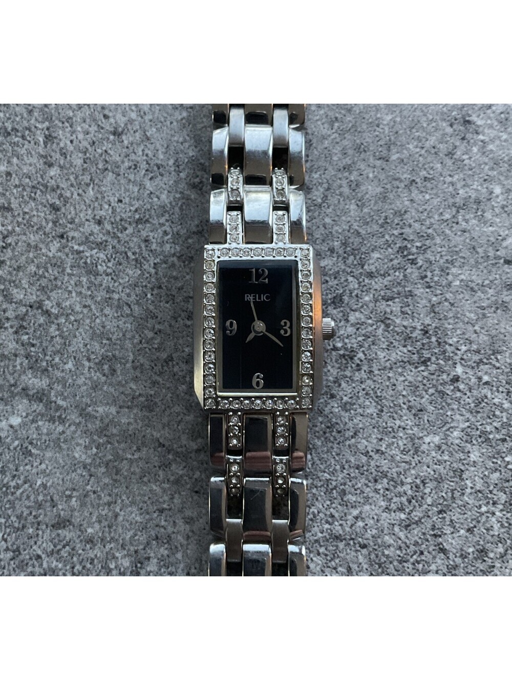 Relic Womens Tank Style Watch ZR33804 17mm Silver Tone Case & Band Black Dial BW